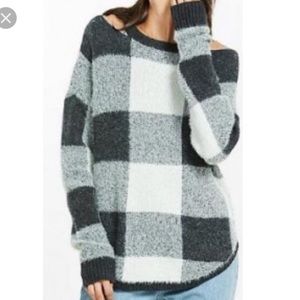 Express plaid cutout shoulder textured sweater